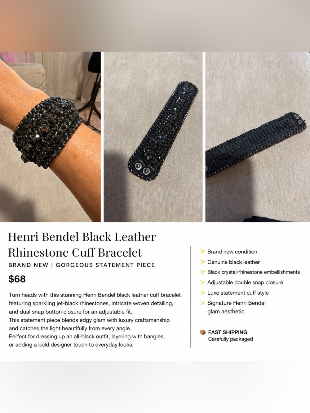 Henri Bendel Black Crystal Leather Cuff Bracelet